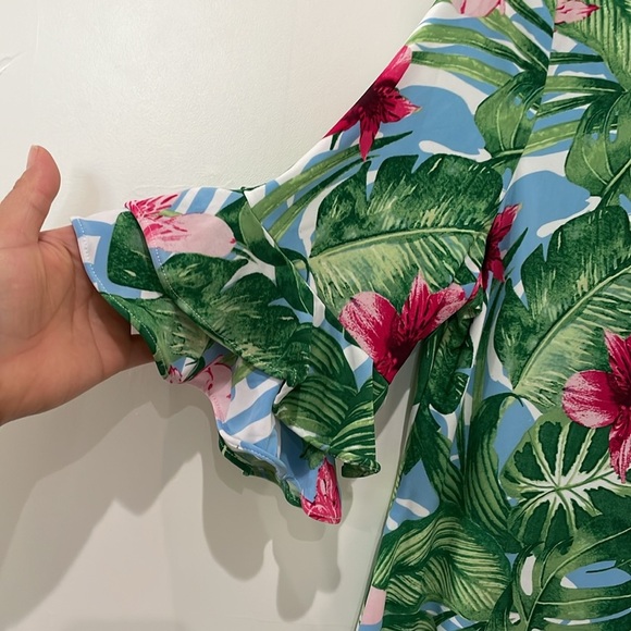 Pappagallo Womens Tropical Floral Shift Dress S Green Pink Ruffle Sleeve Vacay - Picture 4 of 12